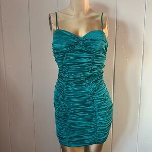 Vintage 90s Iz Byer Teal Ruched Party Dress